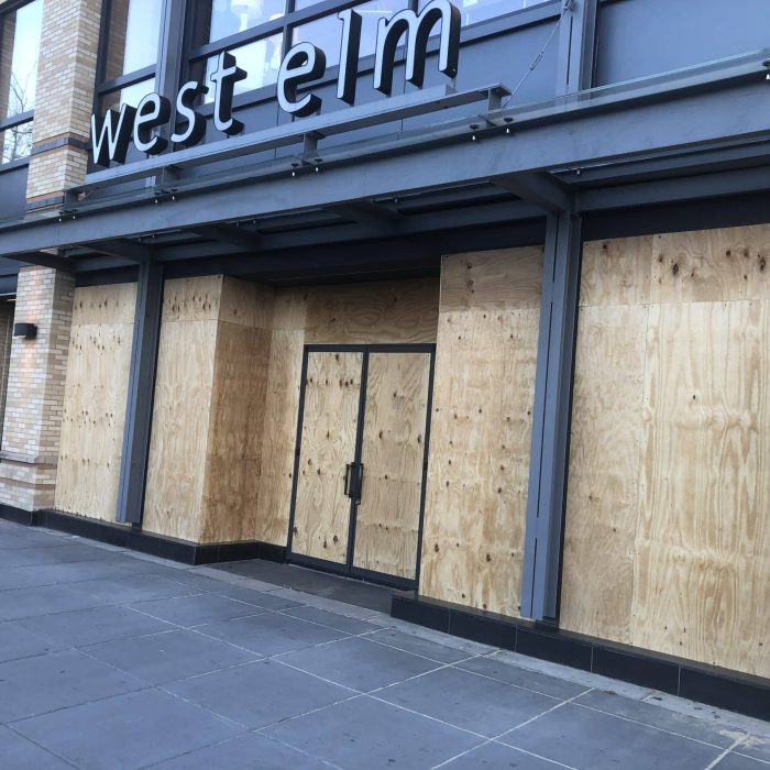 A West Elm store takes precautions on 14th St. nw. (Paul Schwartzman/TWP)